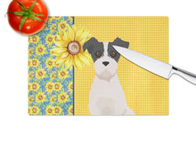 Load image into Gallery viewer, Summer Sunflowers Black White Wirehair Jack Russell Terrier Glass Cutting Boards – Durable, Decorative Kitchen Art Large
