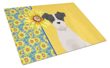 Load image into Gallery viewer, Summer Sunflowers Black White Wirehair Jack Russell Terrier Glass Cutting Boards – Durable, Decorative Kitchen Art Large