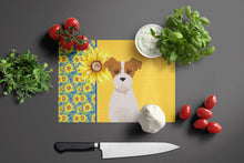 Load image into Gallery viewer, Summer Sunflowers Brown White Wirehair Jack Russell Terrier Glass Cutting Boards – Durable, Decorative Kitchen Art Large