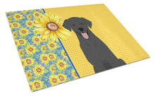 Load image into Gallery viewer, Summer Sunflowers Black Labrador Retriever Glass Cutting Boards – Durable, Decorative Kitchen Art Large
