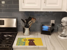 Load image into Gallery viewer, Summer Sunflowers Chocolate Labrador Retriever Glass Cutting Boards – Durable, Decorative Kitchen Art Large