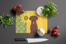 Load image into Gallery viewer, Summer Sunflowers Chocolate Labrador Retriever Glass Cutting Boards – Durable, Decorative Kitchen Art Large