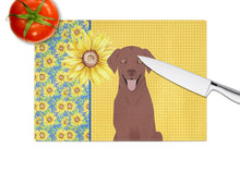 Load image into Gallery viewer, Summer Sunflowers Chocolate Labrador Retriever Glass Cutting Boards – Durable, Decorative Kitchen Art Large
