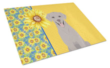 Load image into Gallery viewer, Summer Sunflowers Gray Labrador Retriever Glass Cutting Boards – Durable, Decorative Kitchen Art Large