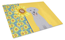 Load image into Gallery viewer, Summer Sunflowers Silver Labrador Retriever Glass Cutting Boards – Durable, Decorative Kitchen Art Large