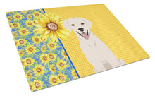 Load image into Gallery viewer, Summer Sunflowers White Cream Labrador Retriever Glass Cutting Boards – Durable, Decorative Kitchen Art Large