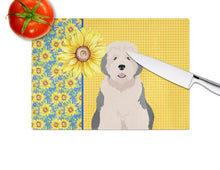 Load image into Gallery viewer, Summer Sunflowers Old English Sheepdog Glass Cutting Boards – Durable, Decorative Kitchen Art Large