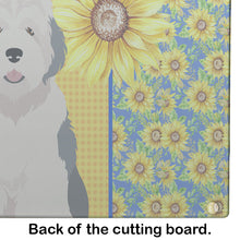 Load image into Gallery viewer, Summer Sunflowers Old English Sheepdog Glass Cutting Boards – Durable, Decorative Kitchen Art Large