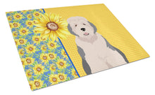 Load image into Gallery viewer, Summer Sunflowers Old English Sheepdog Glass Cutting Boards – Durable, Decorative Kitchen Art Large