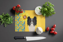 Load image into Gallery viewer, Summer Sunflowers Black and White Papillon Glass Cutting Boards – Durable, Decorative Kitchen Art Large