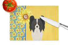 Load image into Gallery viewer, Summer Sunflowers Black and White Papillon Glass Cutting Boards – Durable, Decorative Kitchen Art Large