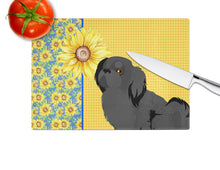 Load image into Gallery viewer, Summer Sunflowers Black Pekingese Glass Cutting Boards – Durable, Decorative Kitchen Art Large
