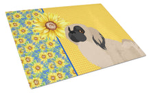 Load image into Gallery viewer, Summer Sunflowers Cream Pekingese Glass Cutting Boards – Durable, Decorative Kitchen Art Large
