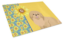 Load image into Gallery viewer, Summer Sunflowers Gold Pekingese Glass Cutting Boards – Durable, Decorative Kitchen Art Large