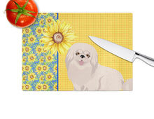 Load image into Gallery viewer, Summer Sunflowers White Pekingese Glass Cutting Boards – Durable, Decorative Kitchen Art Large