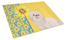 Load image into Gallery viewer, Summer Sunflowers White Pekingese Glass Cutting Boards – Durable, Decorative Kitchen Art Large