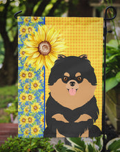 Load image into Gallery viewer, Summer Sunflowers Black and Tan Pomeranian Garden Flag – Decorative Outdoor Yard Flag
