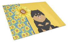 Load image into Gallery viewer, Summer Sunflowers Black and Tan Pomeranian Glass Cutting Boards – Durable, Decorative Kitchen Art Large