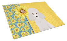 Load image into Gallery viewer, Summer Sunflowers Toy White Poodle Glass Cutting Boards – Durable, Decorative Kitchen Art Large