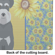 Load image into Gallery viewer, Summer Sunflowers Black and Silver Natural Ears Schnauzer Glass Cutting Boards – Durable, Decorative Kitchen Art Large