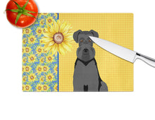 Load image into Gallery viewer, Summer Sunflowers Black Natural Ears Schnauzer Glass Cutting Boards – Durable, Decorative Kitchen Art Large