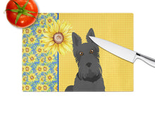 Load image into Gallery viewer, Summer Sunflowers Black Scottish Terrier Glass Cutting Boards – Durable, Decorative Kitchen Art Large