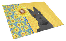 Load image into Gallery viewer, Summer Sunflowers Black Scottish Terrier Glass Cutting Boards – Durable, Decorative Kitchen Art Large