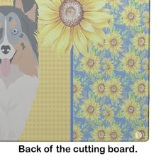 Load image into Gallery viewer, Summer Sunflowers Blue Merle Sheltie Glass Cutting Boards – Durable, Decorative Kitchen Art Large