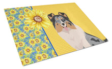Load image into Gallery viewer, Summer Sunflowers Blue Merle Sheltie Glass Cutting Boards – Durable, Decorative Kitchen Art Large