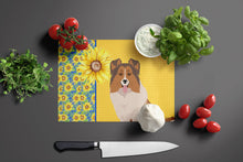 Load image into Gallery viewer, Summer Sunflowers Sable Sheltie Glass Cutting Boards – Durable, Decorative Kitchen Art Large