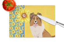 Load image into Gallery viewer, Summer Sunflowers Sable Sheltie Glass Cutting Boards – Durable, Decorative Kitchen Art Large