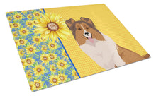 Load image into Gallery viewer, Summer Sunflowers Sable Sheltie Glass Cutting Boards – Durable, Decorative Kitchen Art Large