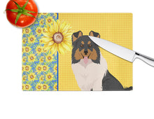 Load image into Gallery viewer, Summer Sunflowers Tricolor Sheltie Glass Cutting Boards – Durable, Decorative Kitchen Art Large
