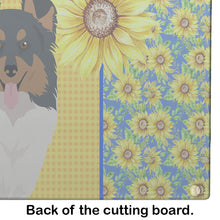 Load image into Gallery viewer, Summer Sunflowers Tricolor Sheltie Glass Cutting Boards – Durable, Decorative Kitchen Art Large