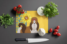 Load image into Gallery viewer, Summer Sunflowers Red and White Shih Tzu Glass Cutting Boards – Durable, Decorative Kitchen Art Large