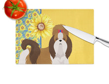 Load image into Gallery viewer, Summer Sunflowers Red and White Shih Tzu Glass Cutting Boards – Durable, Decorative Kitchen Art Large