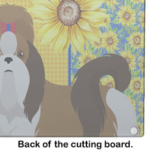 Load image into Gallery viewer, Summer Sunflowers Red and White Shih Tzu Glass Cutting Boards – Durable, Decorative Kitchen Art Large