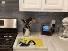 Load image into Gallery viewer, Summer Sunflowers Black and White Shih Tzu Glass Cutting Boards – Durable, Decorative Kitchen Art Large