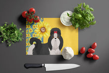 Load image into Gallery viewer, Summer Sunflowers Black and White Shih Tzu Glass Cutting Boards – Durable, Decorative Kitchen Art Large