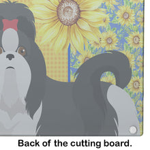 Load image into Gallery viewer, Summer Sunflowers Black and White Shih Tzu Glass Cutting Boards – Durable, Decorative Kitchen Art Large