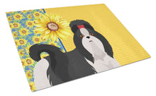 Load image into Gallery viewer, Summer Sunflowers Black and White Shih Tzu Glass Cutting Boards – Durable, Decorative Kitchen Art Large