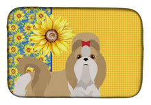 Load image into Gallery viewer, Summer Sunflowers Gold and White Shih Tzu Dish Drying Mat – Absorbent, Artistic Kitchen Essentials