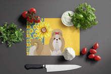 Load image into Gallery viewer, Summer Sunflowers Gold and White Shih Tzu Glass Cutting Boards – Durable, Decorative Kitchen Art Large