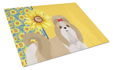 Load image into Gallery viewer, Summer Sunflowers Gold and White Shih Tzu Glass Cutting Boards – Durable, Decorative Kitchen Art Large