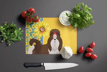 Load image into Gallery viewer, Summer Sunflowers Liver and White Shih Tzu Glass Cutting Boards – Durable, Decorative Kitchen Art Large