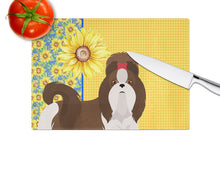Load image into Gallery viewer, Summer Sunflowers Liver and White Shih Tzu Glass Cutting Boards – Durable, Decorative Kitchen Art Large