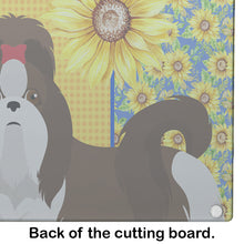 Load image into Gallery viewer, Summer Sunflowers Liver and White Shih Tzu Glass Cutting Boards – Durable, Decorative Kitchen Art Large