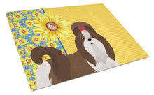 Load image into Gallery viewer, Summer Sunflowers Liver and White Shih Tzu Glass Cutting Boards – Durable, Decorative Kitchen Art Large
