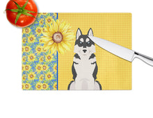Load image into Gallery viewer, Summer Sunflowers Black Siberian Husky Glass Cutting Boards – Durable, Decorative Kitchen Art Large