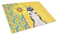 Load image into Gallery viewer, Summer Sunflowers Black Siberian Husky Glass Cutting Boards – Durable, Decorative Kitchen Art Large